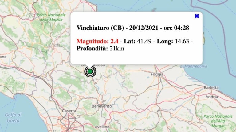 Terremoto in Molise oggi, lunedì 20 dicembre 2021: scossa M 2.4 in provincia di Campobasso | Dati INGV