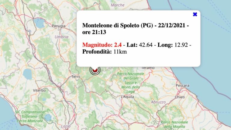 Terremoto in Umbria oggi, mercoledì 22 dicembre 2021: scossa M 2.4 in provincia di Perugia | Dati INGV