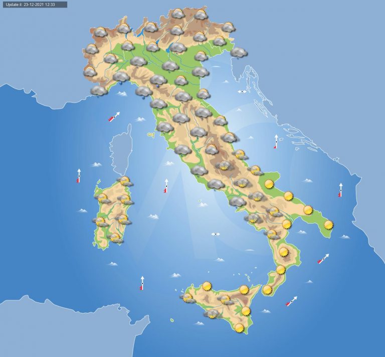 PREVISIONI METEO domani 24 dicembre: peggioramento in arrivo molte nuvole in Italia e piogge sparse