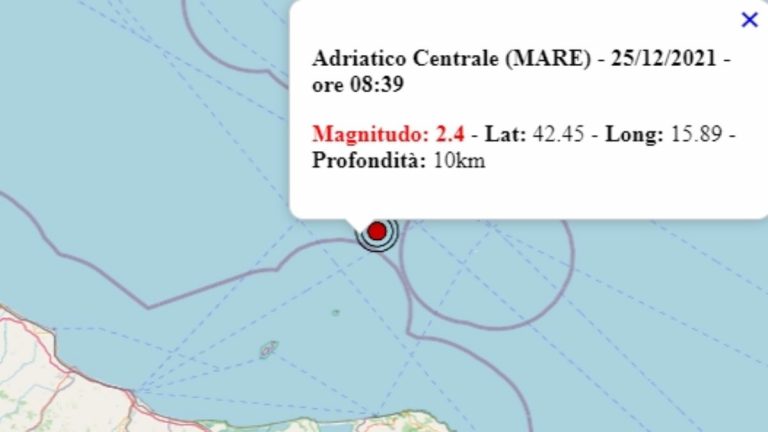 Terremoto in Italia oggi, 25 dicembre 2021, scossa M 2.4 su mar Adriatico – Dati Ingv Terremoto in Italia oggi, 25 dicembre 2021, scossa M 2.4 su mar Adriatico – Dati Ingv