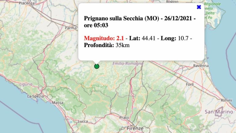 Terremoto in Emilia-Romagna oggi, 26 dicembre 2021: scossa M 2.1 in provincia di Modena | Dati INGV