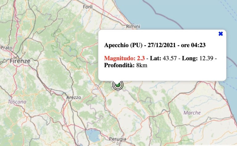 Terremoto nelle Marche oggi, lunedì 27 dicembre 2021: scossa M 2.3 in provincia di Pesaro-Urbino | Dati INGV