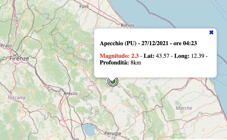 Terremoto nelle Marche oggi, lunedì 27 dicembre 2021: scossa M 2.3 in provincia di Pesaro-Urbino | Dati INGV Terremoto nelle Marche oggi, lunedì 27 dicembre 2021: scossa M 2.3 in provincia di Pesaro-Urbino | Dati INGV