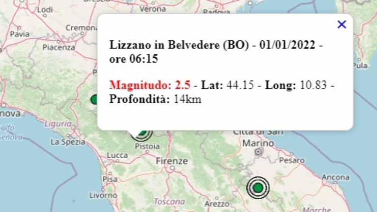 Terremoto in Emilia Romagna oggi, 1 gennaio 2022, scossa M 2.5 in provincia Bologna | Dati Ingv