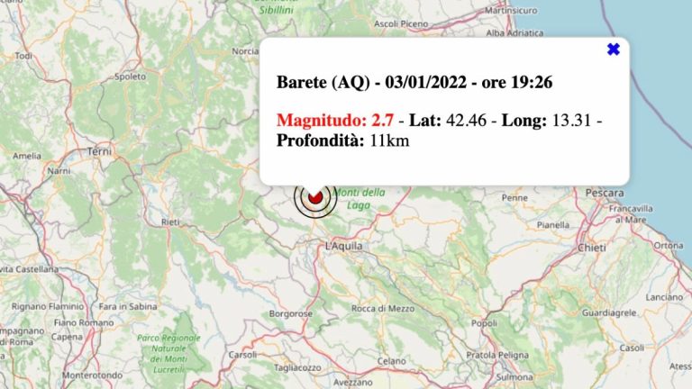 Terremoto in Abruzzo oggi, lunedì 3 gennaio 2022: scossa M 2.7 in provincia de L’Aquila | Dati INGV Terremoto in Abruzzo oggi, lunedì 3 gennaio 2022: scossa M 2.7 in provincia de L’Aquila | Dati INGV