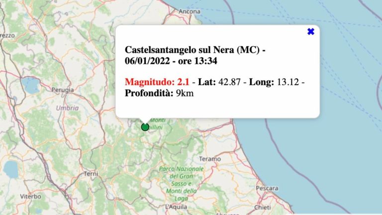 Terremoto nelle Marche oggi, giovedì 6 gennaio 2022: scossa M 2.1 in provincia Macerata | Dati INGV