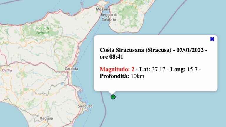Terremoto in Sicilia oggi, venerdì 7 gennaio 2022: scossa M 2.0 Costa Siracusana | Dati INGV