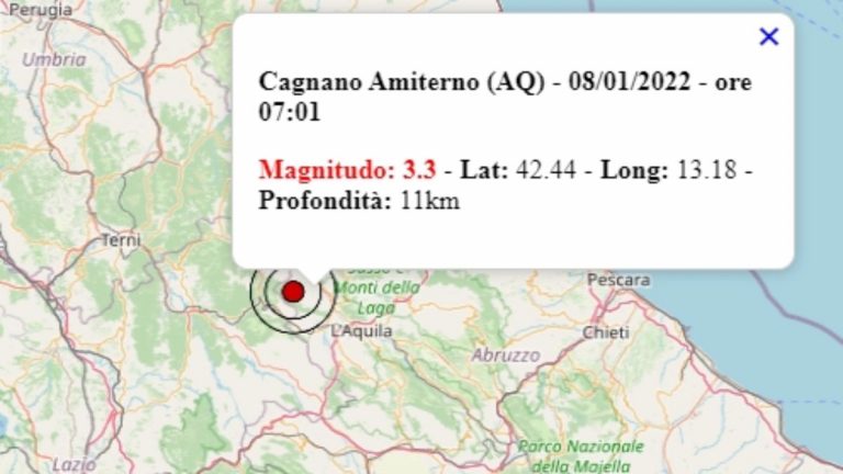 Terremoto in Abruzzo oggi, 8 gennaio 2022, scossa M 3.3 avvertita in provincia dell’Aquila | Dati Ingv