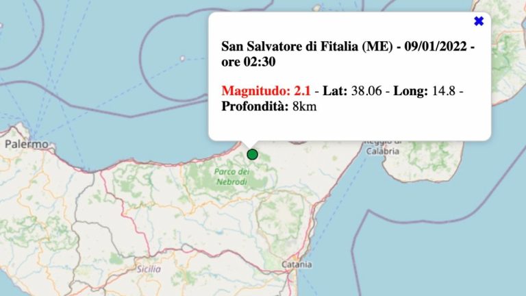 Terremoto in Sicilia oggi, domenica 9 gennaio 2022: scossa M 2.1 in provincia di Messina | Dati INGV