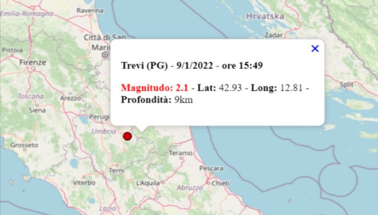 Terremoto oggi in Umbria, 9 gennaio 2022: scossa M 2.1 in provincia Perugia – Dati INGV
