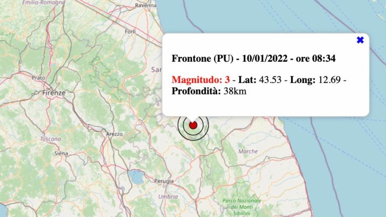Terremoto nelle Marche oggi, lunedì 10 gennaio 2022: scossa M 3.0 in provincia di Pesaro-Urbino | Dati INGV