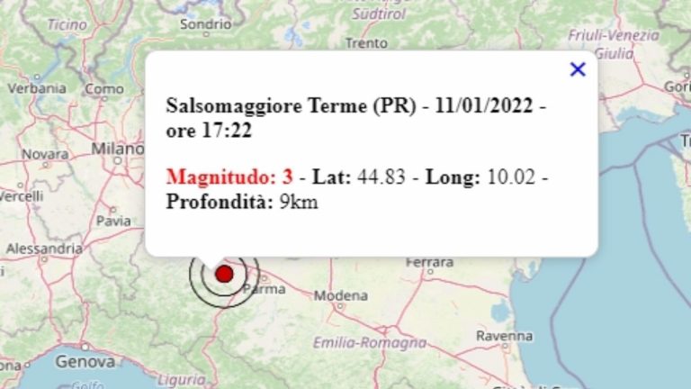 Terremoto in Emilia Romagna oggi, martedì 11 gennaio 2022, scossa M 3.0 avvertita in provincia di Parma – Dati Ingv