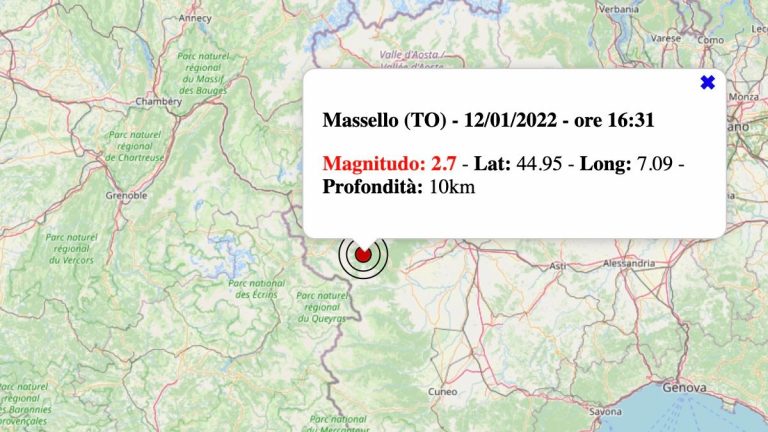 Terremoto in Piemonte oggi, mercoledì 12 gennaio 2022: scossa M 2.7 in provincia di Torino | Dati INGV