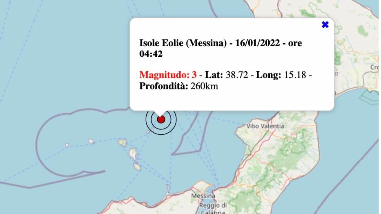 Terremoto in Sicilia oggi, domenica 16 gennaio 2022: scossa M 3.0 sulle Isole Eolie | Dati INGV