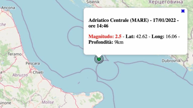 Terremoto in Italia oggi, lunedì 17 gennaio 2022: scossa M 2.5 Mar Adriatico | Dati INGV