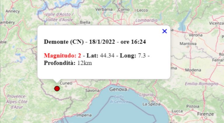 Terremoto oggi in Piemonte, 18 gennaio 2022: scossa M 2.0 in provincia di Cuneo – Dati INGV
