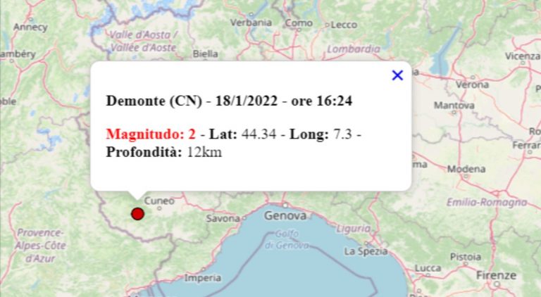 Terremoto oggi in Piemonte, 18 gennaio 2022: scossa M 2.0 in provincia di Cuneo – Dati INGV Terremoto oggi in Piemonte, 18 gennaio 2022: scossa M 2.0 in provincia di Cuneo – Dati INGV