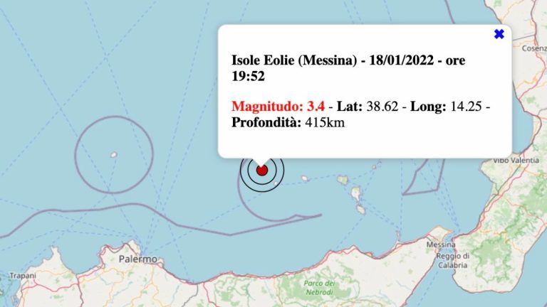 Terremoto in Sicilia oggi, martedì 18 gennaio 2022: scossa M 3.4 Isole Eolie | Dati INGV
