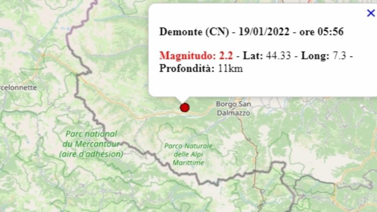 Terremoto in Piemonte oggi, 19 gennaio 2022: scossa M 2.2 in provincia di Cuneo | Dati INGV