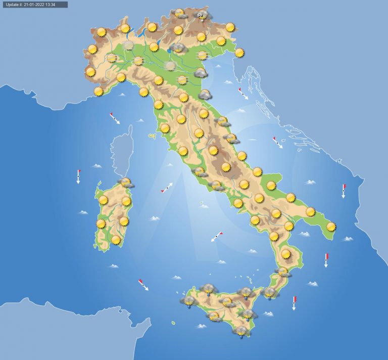 PREVISIONI METEO domani 22 gennaio: ancora residue piogge al Sud ITALIA, tempo per lo più stabile altrove