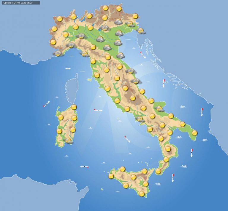 PREVISIONI METEO domani 25 gennaio: stabilità prevalente in ITALIA con sole ma anche nebbie e nubi basse