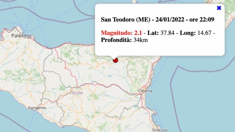 Terremoto in Sicilia oggi, lunedì 24 gennaio 2022: scossa M 2.1 in provincia di Messina | Dati INGV