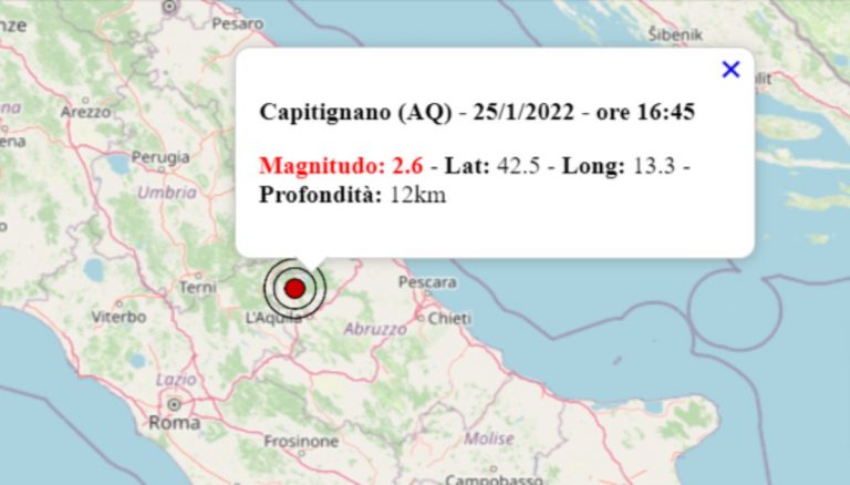 Terremoto oggi in Abruzzo, 25 gennaio 2022: scossa M 2.6 in provincia dell’Aquila | Dati INGV