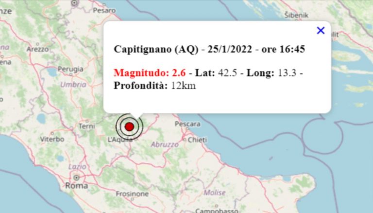 Terremoto oggi in Abruzzo, 25 gennaio 2022: scossa M 2.6 in provincia dell’Aquila | Dati INGV Terremoto oggi in Abruzzo, 25 gennaio 2022: scossa M 2.6 in provincia dell’Aquila | Dati INGV