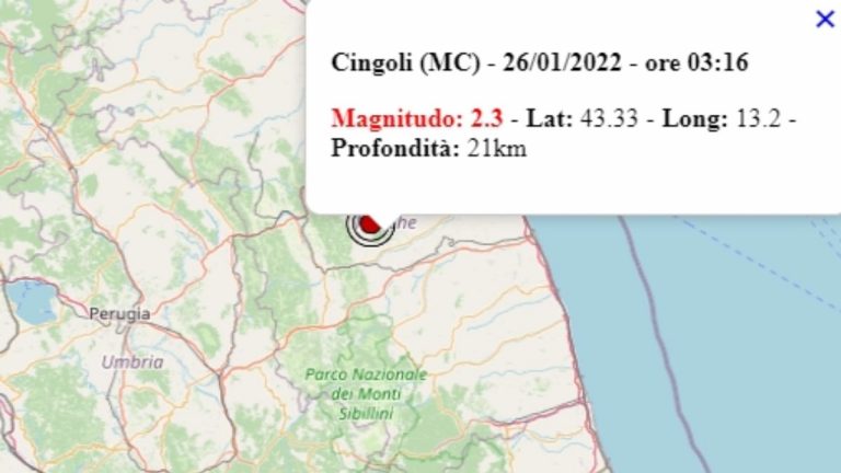 Terremoto nelle Marche oggi, mercoledì 26 gennaio 2022, scossa M 2.3 in provincia di Macerata | Dati Ingv