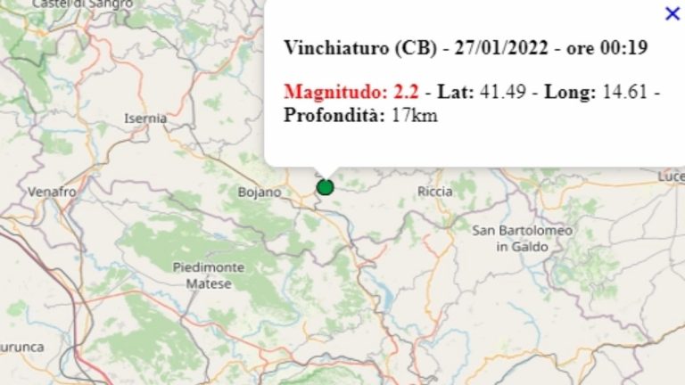 Terremoto in Molise oggi, giovedì 27 gennaio 2022: scossa M 2.2 in provincia di Campobasso | Dati Ingv