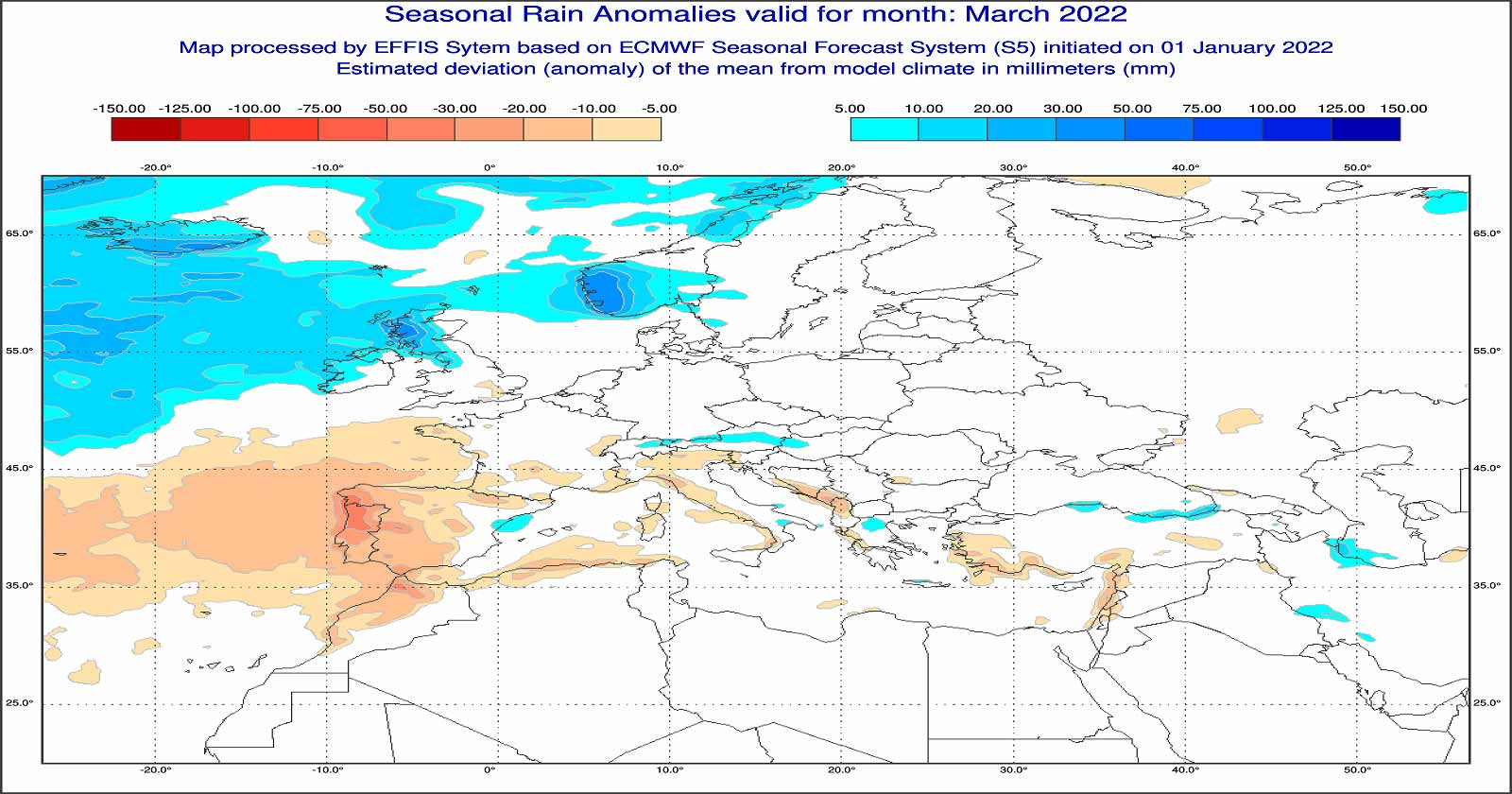 Anomalie di precipitazione previste dal modello ECMWF per Marzo 2022 - effis.jrc.ec.europa.eu