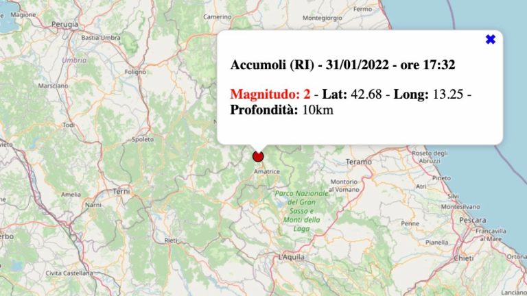 Terremoto nel Lazio oggi, lunedì 31 gennaio 2022: scossa M 2.0 in provincia di Rieti | Dati INGV