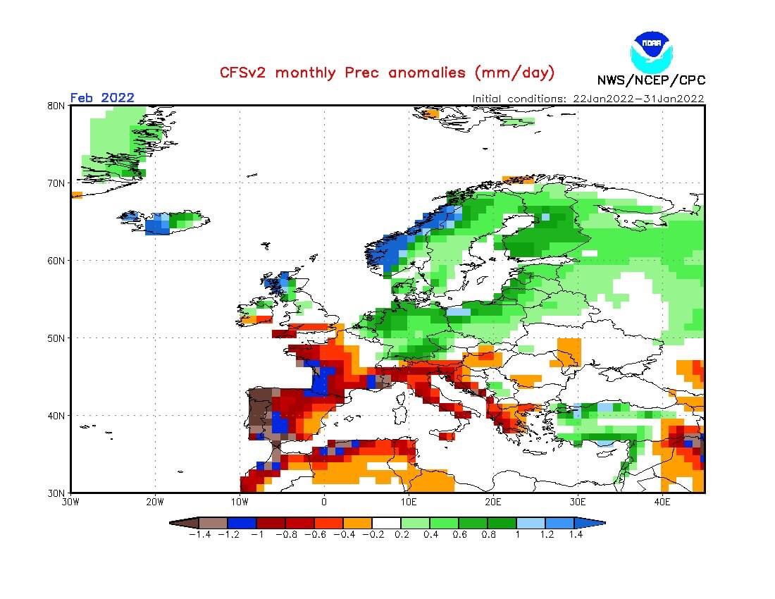 Proiezione mensile del modello CFS per il mese di febbraio 2022 - Centro Meteo Italiano
