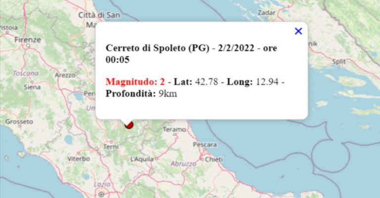 Terremoto oggi Umbria, 2 febbraio 2022: scossa M 2.0 in provincia di Perugia | Dati INGV