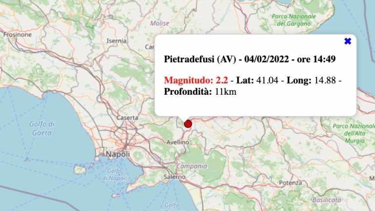 Terremoto in Campania oggi, venerdì 4 febbraio 2022: scossa M 2.2 in provincia di Avellino | Dati INGV
