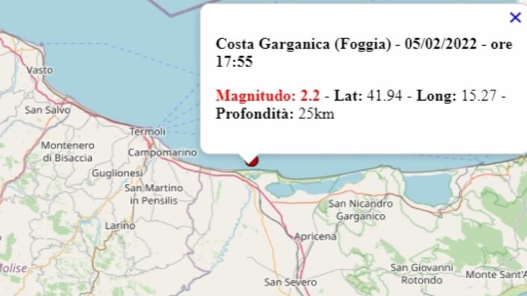 Terremoto in Puglia oggi, 5 febbraio 2022, scossa M 2.2 in provincia di Foggia – Dati Ingv