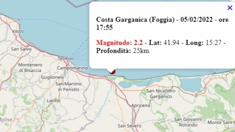 Terremoto in Puglia oggi, 5 febbraio 2022, scossa M 2.2 in provincia di Foggia – Dati Ingv Terremoto in Puglia oggi, 5 febbraio 2022, scossa M 2.2 in provincia di Foggia – Dati Ingv