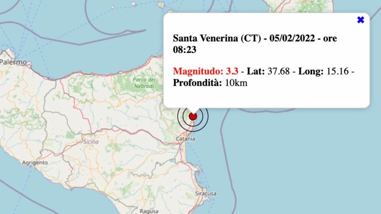 Terremoto in Sicilia oggi, sabato 5 febbraio 2022: scossa M 3.3 in provincia di Catania – Dati INGV Terremoto in Sicilia oggi, sabato 5 febbraio 2022: scossa M 3.3 in provincia di Catania – Dati INGV