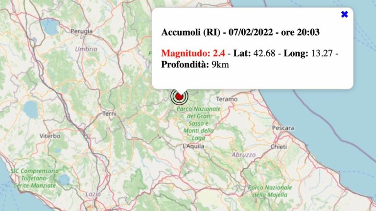 Terremoto nel Lazio oggi, lunedì 7 febbraio 2022: scossa M 2.4 in provincia di Rieti | Dati INGV