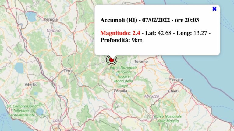 Terremoto nel Lazio oggi, lunedì 7 febbraio 2022: scossa M 2.4 in provincia di Rieti | Dati INGV Terremoto nel Lazio oggi, lunedì 7 febbraio 2022: scossa M 2.4 in provincia di Rieti | Dati INGV