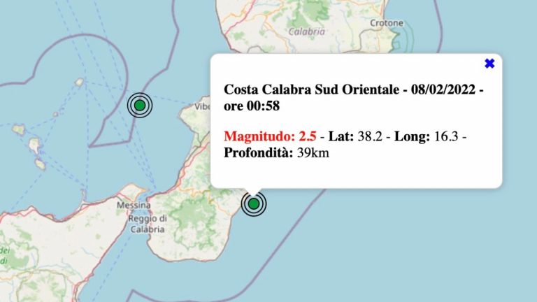 Terremoto in Calabria oggi, martedì 8 febbraio 2022: scossa M 2.5 Costa Calabra – Dati INGV Terremoto in Calabria oggi, martedì 8 febbraio 2022: scossa M 2.5 Costa Calabra – Dati INGV