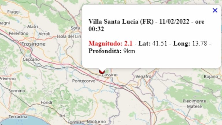 Terremoto nel Lazio oggi, venerdì 11 febbraio 2022, scossa M 2.1 in provincia di Frosinone – Dati Ingv