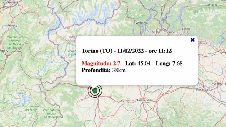 Terremoto in Piemonte oggi, venerdì 11 febbraio 2022: scossa M 2.7 a Torino | Dati INGV