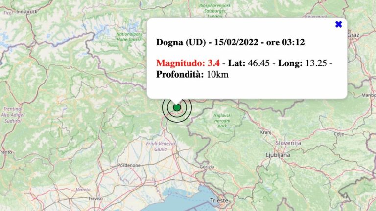 Terremoto in Friuli-Venezia Giulia oggi, martedì 15 febbraio 2022: scossa M 3.4 in provincia di Udine | Dati INGV