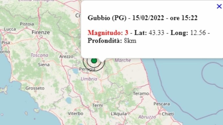 Terremoto in Umbria oggi, 15 febbraio 2022, scossa M 3.0 in provincia di Perugia | Dati Ingv