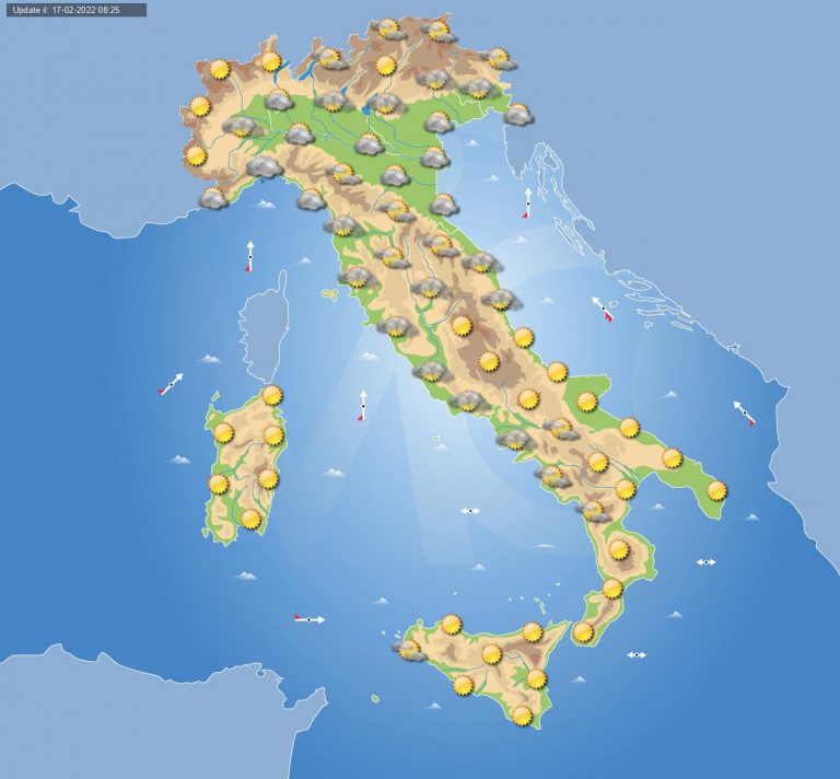 PREVISIONI METEO domani 18 febbraio: molte nuvole sull’ITALIA ma con tempo stabile, solo locali pioviggini