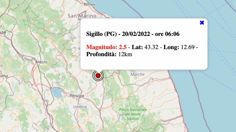 Terremoto in Umbria oggi, domenica 20 febbraio 2022: scossa M 2.5 in provincia di Perugia | Dati INGV