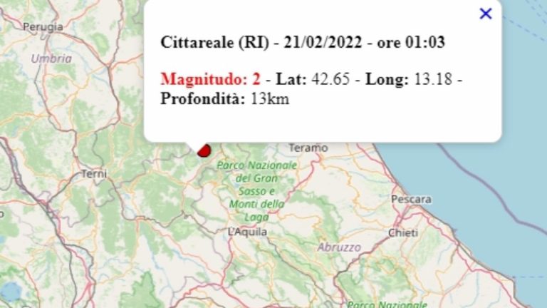 Terremoto nel Lazio oggi, 21 febbraio 2022, scossa M 2.0 in provincia di Rieti – Dati Ingv