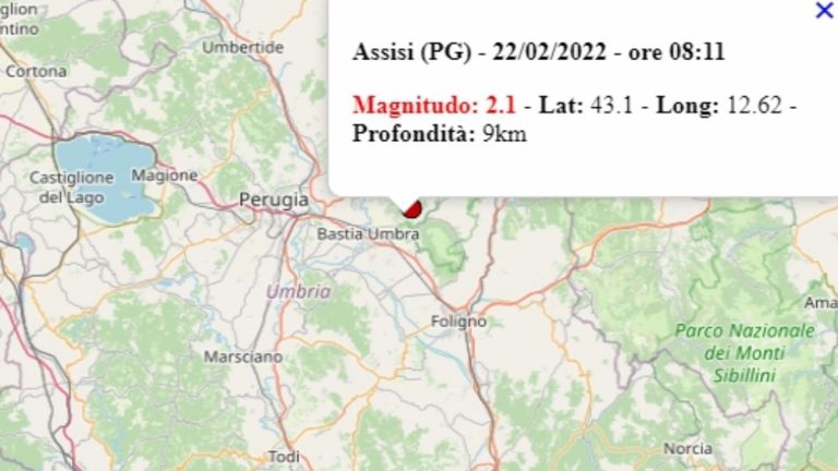 Terremoto in Umbria oggi, martedì 22 febbraio 2022, scossa M 2.1 in provincia di Perugia | Dati Ingv