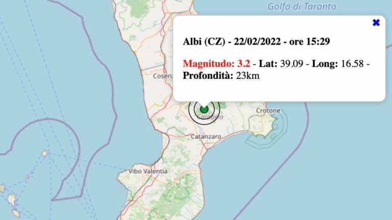 Terremoto in Calabria oggi, martedì 22 febbraio 2022: scossa M 3.2 in provincia di Catanzaro | Dati INGV